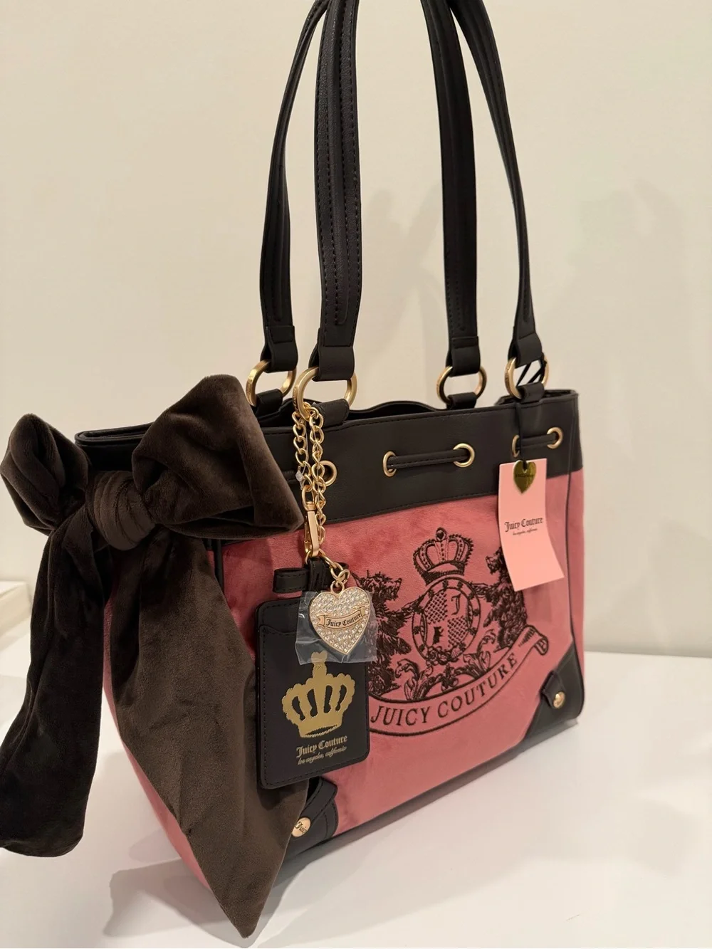 Juicy Couture Pink and Black Logo Tote with Brown Bow & Gold Accents